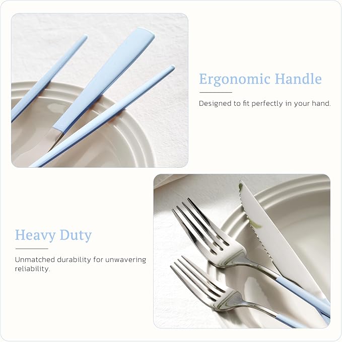 Astercook Silverware Set with Steak Knives 24-Piece Flatware Set for 4 Food-Grade Stainless Steel Blue Cutlery Set Mirror Polished Utensils Set Include Spoons and Forks for Home Kitchen Restaurant