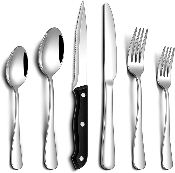 24 Pcs Silverware Set with Steak Knives Food-Grade Stainless Steel Flatware Set for 4 Mirror Cutlery Include Forks Spoons and Knives Set Dishwasher Safe Utensil Sets for Home Restaurant