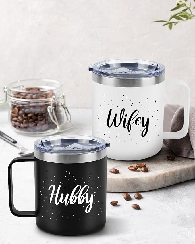 Husband and Wife Gifts, Mr & Mrs Coffee Mugs Set, Hubby and Wifey Gifts, Newlywed Gif 14oz Stainless Steel Insulated Mug(Black White)