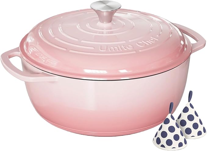 Umite Chef 6QT Enameled Cast Iron Dutch Oven with Lid, Versatile Heavy-Duty Cookware Pot for Baking Bread, Braising, Soups & Stews, Oven & Stovetop Safe with Heat Resistant Gloves(Pink)