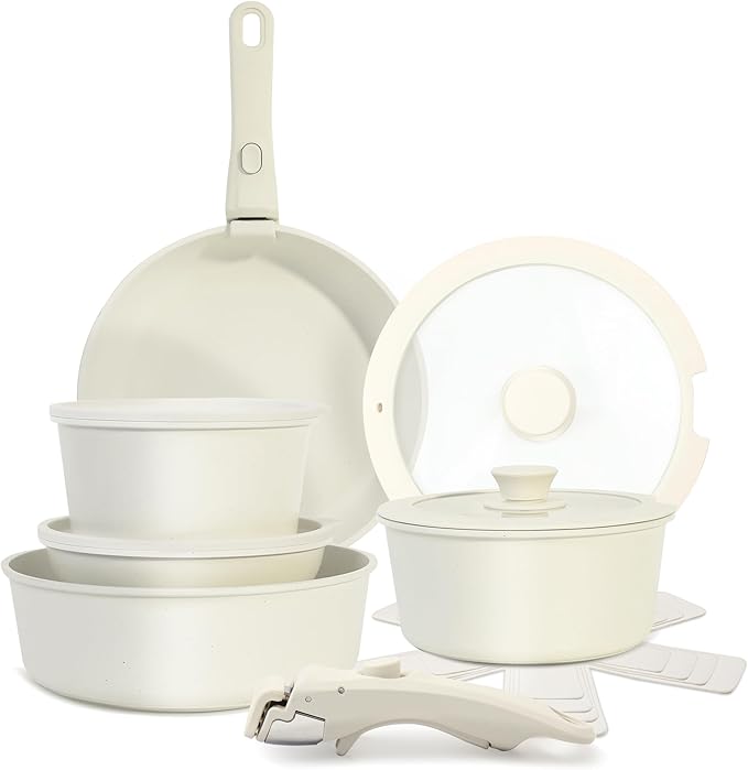 15-Piece Ceramic Nonstick Pots and Pans Set – Kitchen Cookware with Detachable Handle, RV Camping Cookware Set – Oven & Dishwasher Safe, PFOA-Free – Cream White