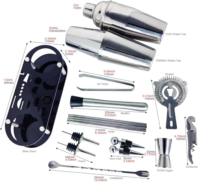 17Pcs Cocktail Shaker Set 750ml, 750/600ml Bartending Kit 25oz, 25/20oz Bar Shakers Tools Bartender Kit with Recipe Book Black Stand
