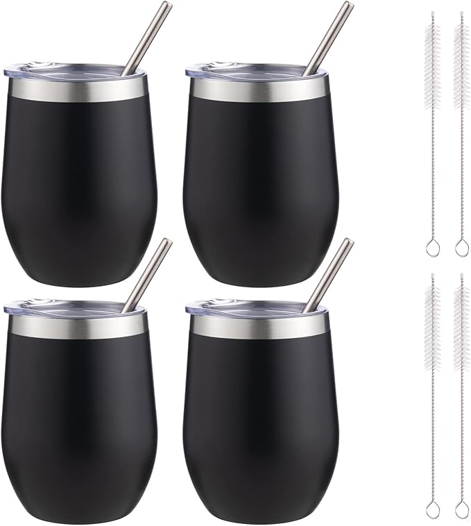 12 oz Insulated Wine Tumbler with Lid and Straw,Stainless Steel Stemless Wine Tumbler Glasses Double Wall Vacuum Wine Cups Tumbler Bulk for Coffee,Champaign,Cocktail,Office(Black,4)