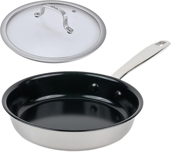 Alva Maestro Nonstick Stainless Steel Frying Pan 8" – Compact Non‑Toxic Skillet, No PFAS/PFOA/PTFE, Induction & Oven Safe, Even‑Heat Design, Easy‑Clean Surface with Glass Lid