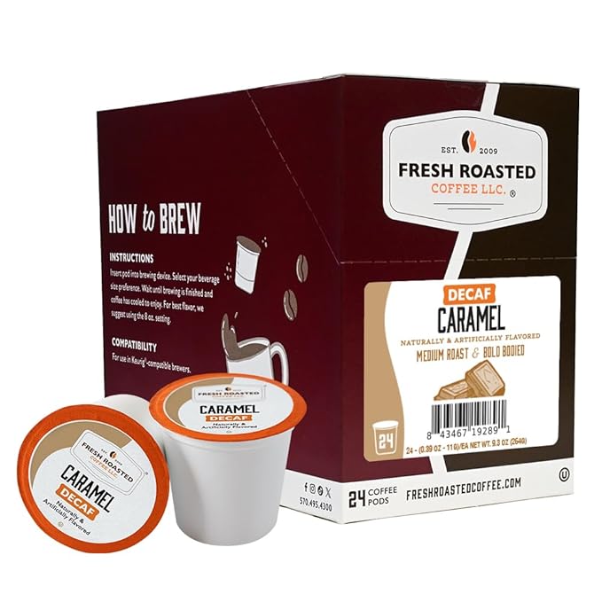 Fresh Roasted Coffee, Decaf Caramel, Flavored Coffee Pods, K-Cup Compatible, 24 Count