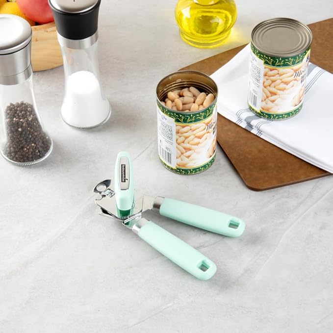 Restaurantware Comfy Grip 7.6 x 1.9 x 2.1 Inch Can Opener 1 Durable Manual Can Opener - Sharp Wheel Blade Grip Handle Mint Green Stainless Steel Hand-Held Can Opener Built-In Bottle Opener
