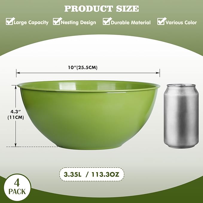 4-Piece Plastic Mixing Bowl Set, 113oz Lightweight Serving Bowls, Large Salad Bowls for Baking,Prepping, Cooking and Serving Food, Dishwasher & Microwave Safe