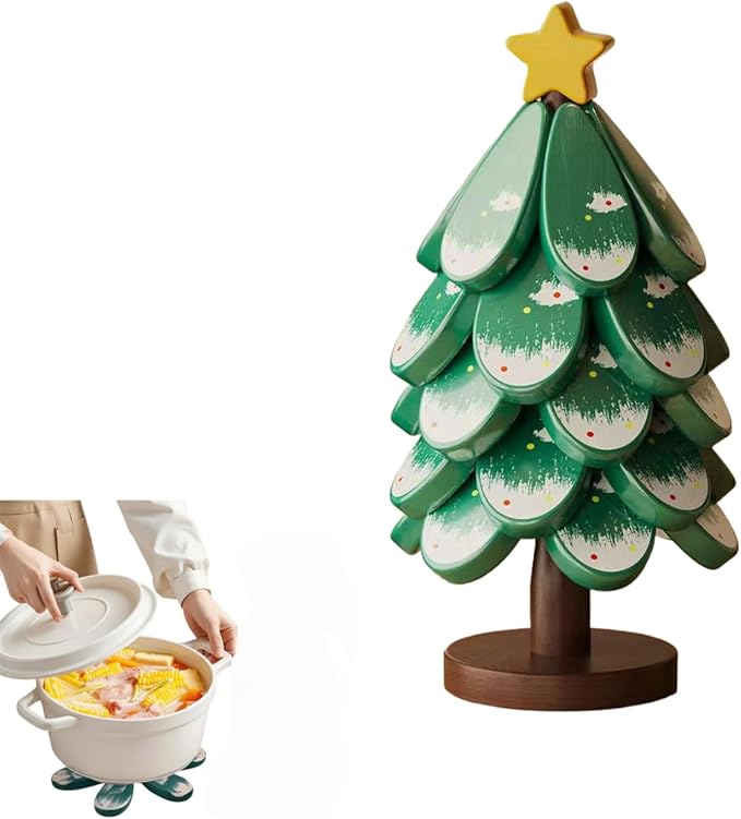 Christmas Tree Trivet,Wooden Tree Trivet Set of 4 Wooden Trivets & 1 Stand Like a Christmas Tree, Foldable Kitchen Wooden,for Hot Dishes Pot Bowl Teapot Hot Pot Holder (Star 5pair)
