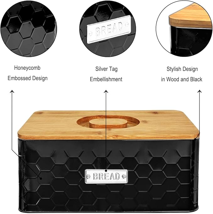 vensovo Bread Box for Countertop – Large Black Metal Bread Bin with Bamboo Cutting Board Lid, Farmhouse Bread Storage Container for Homemade Bread, Baked Goods & Kitchen Counter Organization