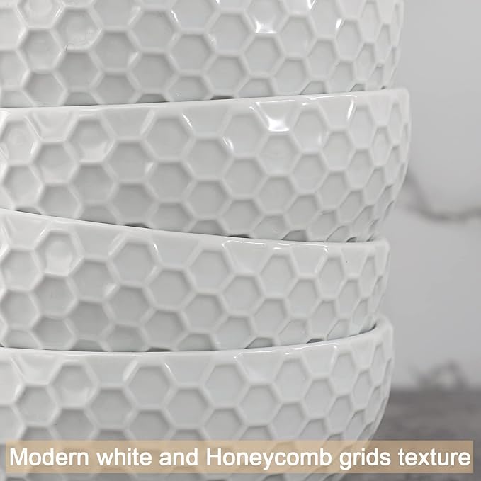 White Porcelain Small Bowls, 4.3 inch Honeycomb Grids Bowls for Ice Cream Yogurt Dessert Fruits 8 Ounce Bowl Set for Food Prep Rice Small Sid
