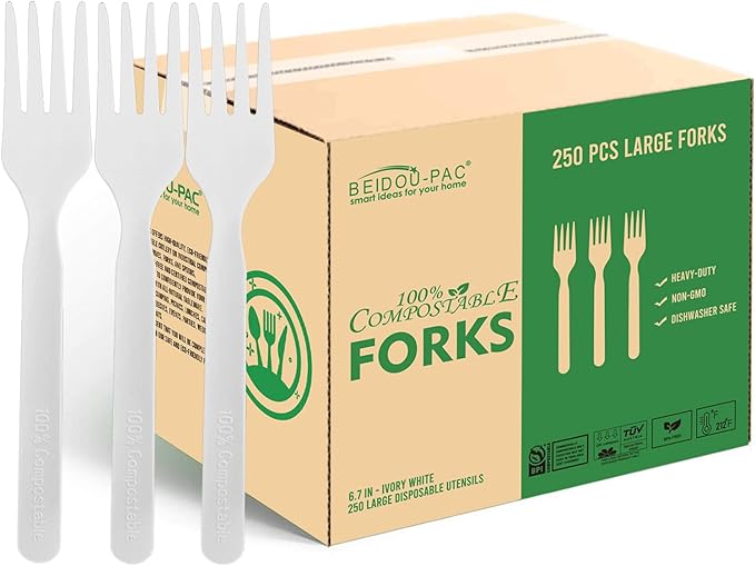 Compostable Forks 250 Count, 7 In Large Disposable Biodegradable Flatware, Eco Friendly Durable Heat Resistant Alternative Cutlery Eating Utensils Silverware to Plastic Forks, BPI Certified