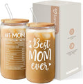 SANDJEST Gifts for Mom from Daughter Son - Mom 16 Oz Can Glass Coffee Cup with Bamboo Lid & Straw - Mothers Gift for Women on Birthday Mothers Day Valentines