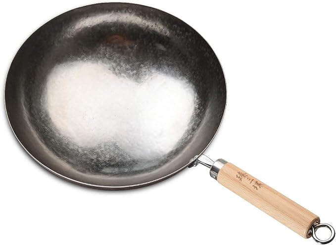 臻三环 ZhenSanHuan Chinese Hand Hammered Iron Pow Woks and Stir Fry Pans Wooden Handle Round Bottom (30CM, Silver-Not Seasoned)