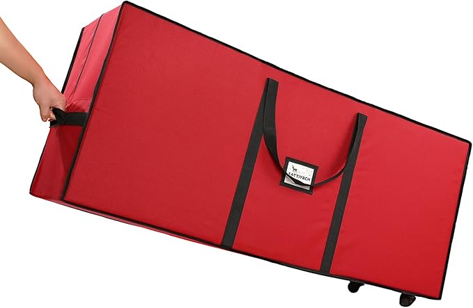 Sattiyrch Rolling Christmas Tree Storage Bag for 6-7.5ft Trees, 600D Heavy-Duty Canvas with Wheels, Wide Double-Zip Opening, Reinforced Multi-Handle, Label Window,45" x 15" x 20"