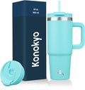 30 oz Tumbler with Handle and 2 Straws,2 in 1 Lid Insulated Water Bottle Stainless Steel Travel Coffee Mug,Turquoise