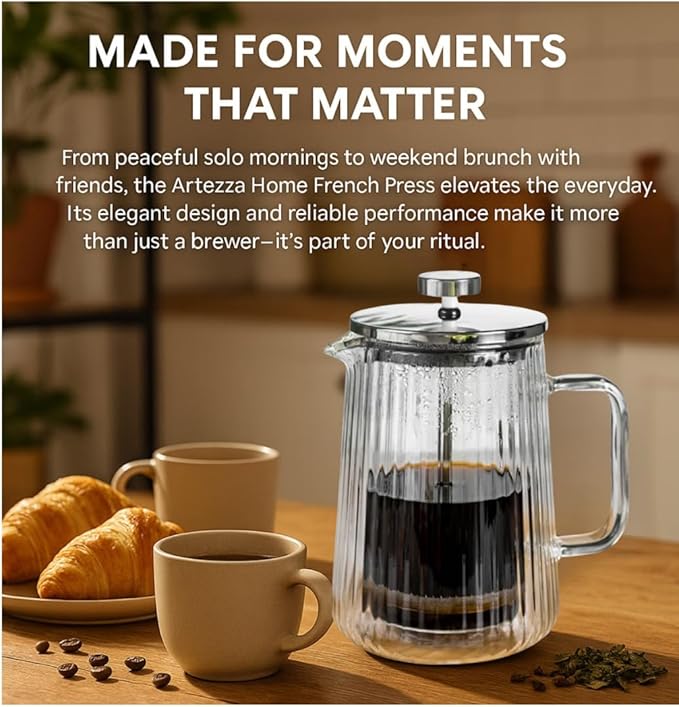 French Press Coffee Maker 650ml/22oz & 7-Piece Grey Silicone Utensil Set with Bamboo Holder – An Exquisite Culinary Ensemble for Coffee Enthusiasts and Culinary Artisans