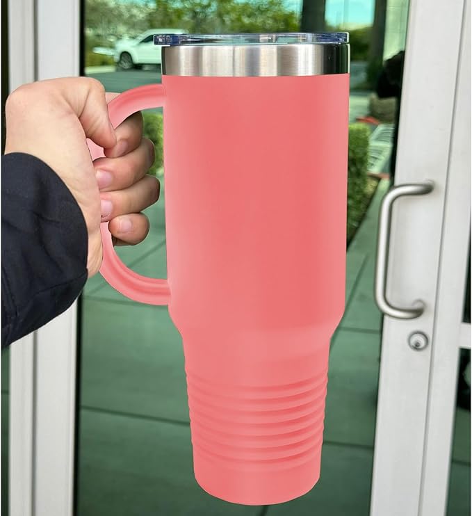 LaserGram 40oz Vacuum Insulated Travel Mug with Handle, Sushi, Personalized Engraving Included (Coral)