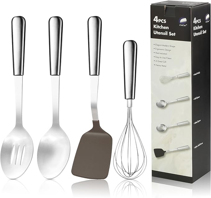 Stainless Steel Cooking Utensils Set, 4-piece Kitchen Utensil Set with Stainless Steel Handles, Dishwasher Safe, Non-Stick and Heat Resistant, Whisk, Spoons, Spatula for Cooking -JJ02629