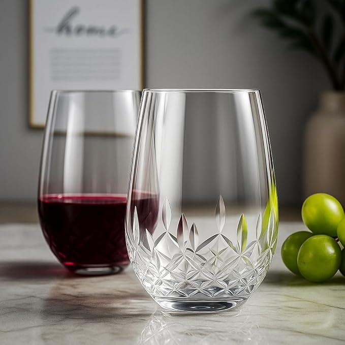SHOSHIN - Hand Cut Stemless Wine Glass Set of 4, Large 18 oz Crystal Glass, Wine Tumblers for Red and White Wine, Water Glasses, Drinking Glasses