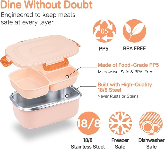 Insulated Bento Box with Thermo, 18/8 Stainless Steel Lunch Box, Bento Box for Adults and Kids with PP5 Containers, Food Containers with Bag for Office or School, Pink