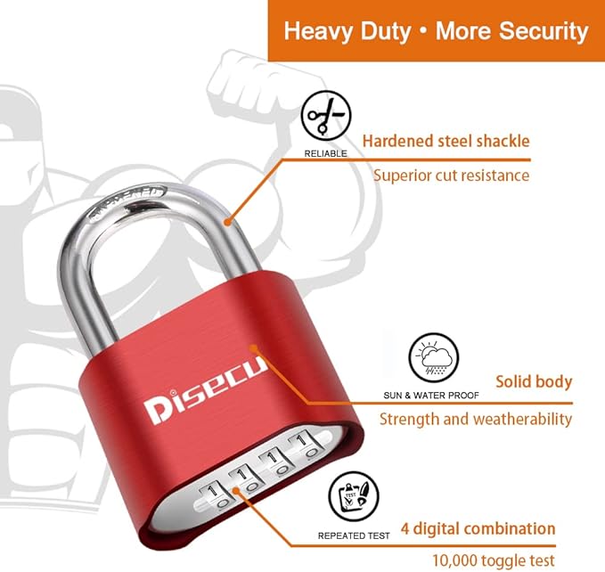 1 Pack disecu Heavy Duty 4 Digit Combination Lock, Outdoor Waterproof Padlock for School Gym Locker, Storage Unit, Shed, Fence, Gate, Toolbox (Red)