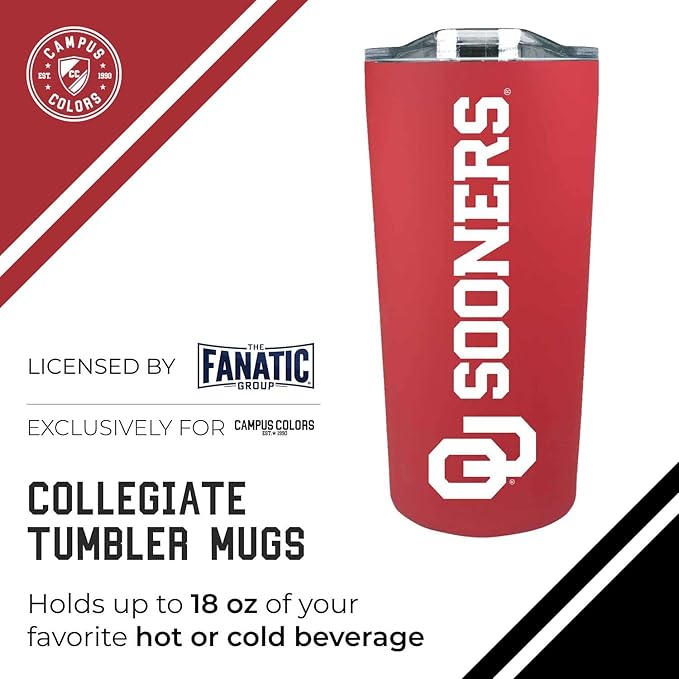 Campus Colors NCAA Stainless Steel Tumbler perfect for Gameday - 18 oz - Double Walled - Keeps Drinks Perfectly Insulated (Oklahoma Sooners - Crimson)