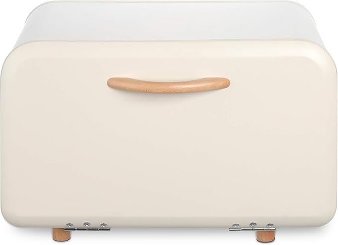 Navaris Bread Box - Metal Bread Bin Storage Tin with Front Opening Drop Down Door for Kitchen Counter or Shelf - Breadbox Storage Container - Cream
