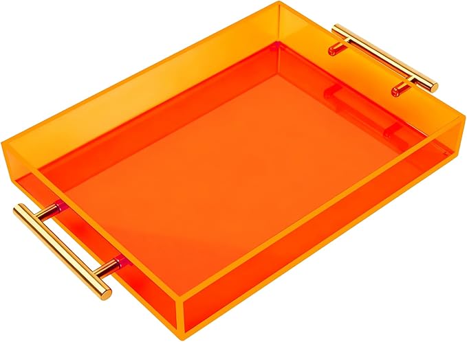 Acrylic Serving Tray with Handles Large Ottoman Food Decorative Tray for Coffee Table Tea Fruit Snack Kitchen Bar Platter, 17x13’’, Neon Orange