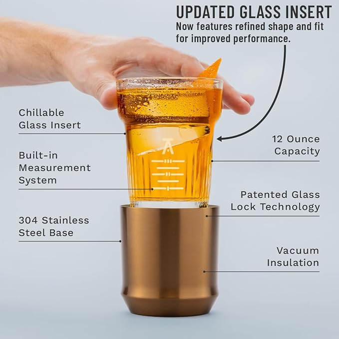 Elevated Craft Hybrid Cocktail Glass Premium Vacuum Insulated Steel Base with Removable Insert - 12oz Rocks Glass, Double Old Fashioned Lowball for Margaritas, Bourbon, Whiskey - Copper