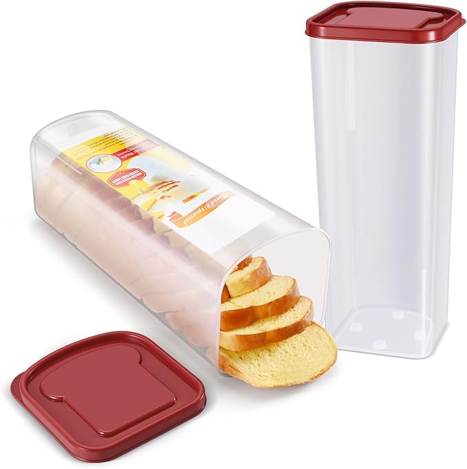 Flexzion 2 Pack Bread Containers Storage Airtight Loaf - Clear Bread Box for Kitchen Countertop BPA-Free Bread Loaf Storage Container Space-Saving & Durable Plastic Bread Container & Dispenser, Red