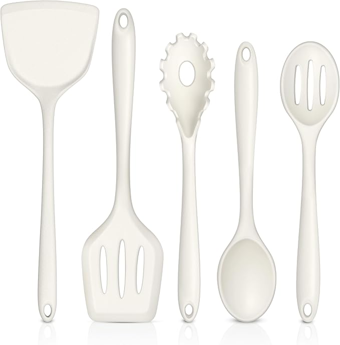 TeamFar Silicone Cooking Utensils Set, 5-Piece Heat Resistant Kitchen Utensils Set, Nonstick Slotted Solid Spoon Turner Pasta Server for Frying, Serving, Mixing, Non-Toxic & Dishwasher Safe, White