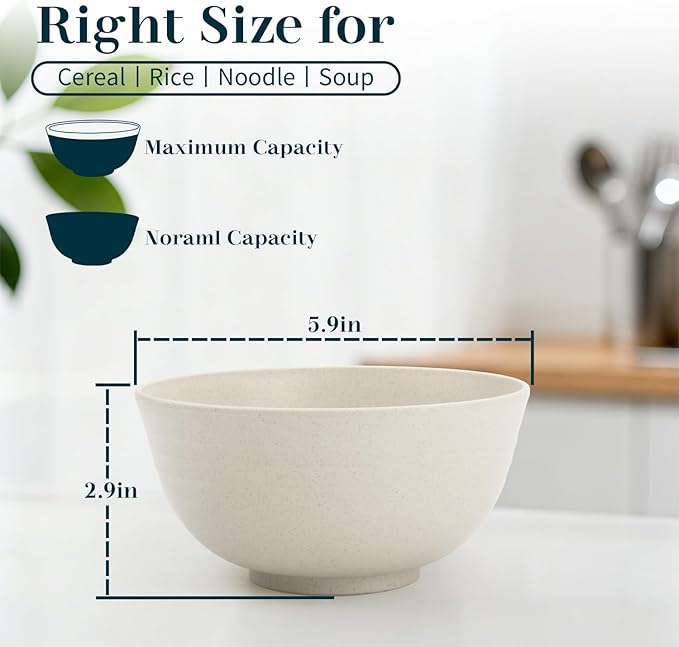Wheat Straw Bowl 26 OZ, Unbreakable Ramen Bowls Set of 8, Alternatives to Plastic Bowl Rusable, Microwave and Dishwasher Safe Dinner Bowls for Cereal, Salad, Kitchen, Camping, Party- White