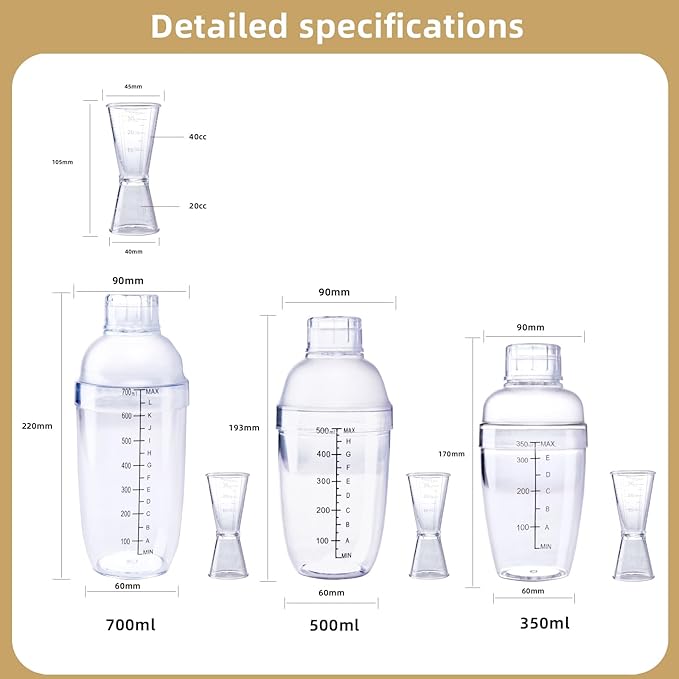 Plastic Bar Cocktail Shaker with Measuring Jigger Set,Hand Drink Mixer Boba Tea Shaker Cup with Scales,Bar Tool Transparent Protein(350ML)