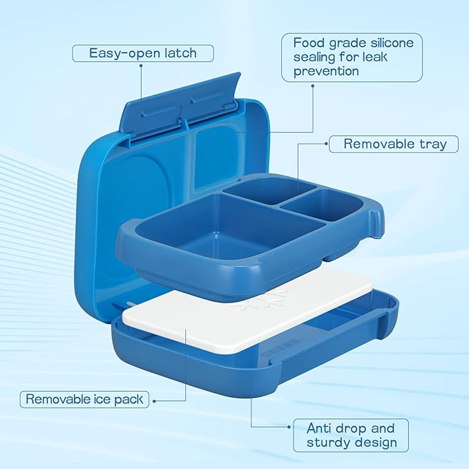 MAISON HUIS Chill Bento Lunch Box for Kids Adult with Ice Pack 3 Compartments Leakproof Lunch Containers Keep Food Cold for Girl Boy School