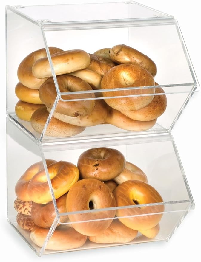 Clear Bakery Display Case for Bagels And Other Baked Goods, 12 x 10-1/8 x 15-3/4 Inch, Stackable With A Hinged, Slanted Door
