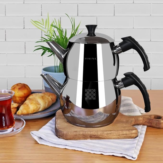 Serenk Modernist Stainless Steel Teapot | 1 L Top, 1.5 L Base, Induction Ready, Mirror Finish, Cool-Touch Handles, Elegant, Durable, Dishwasher Safe