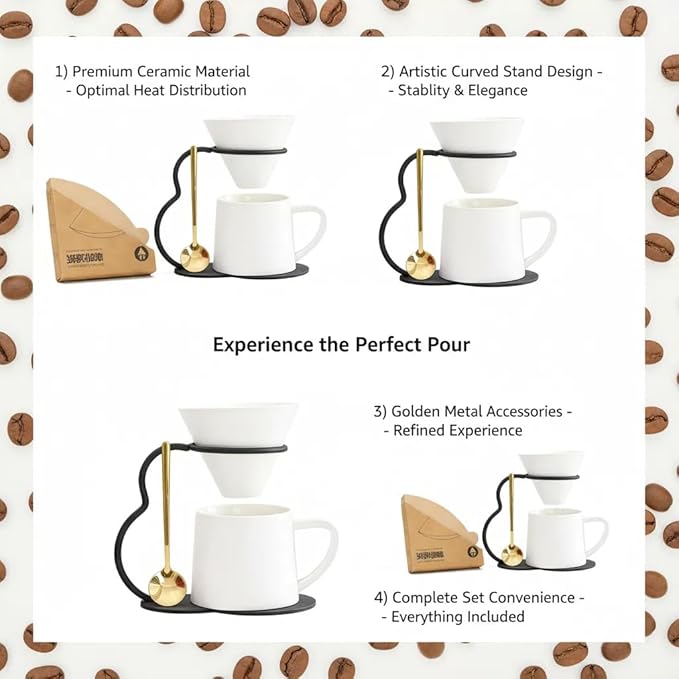 Pour Over Coffee Maker set,Ceramic Coffee Maker With V60 40 pcs Paper Filter，Metal Stand 9oz 270ml mug Pour Over Coffee Dripper white