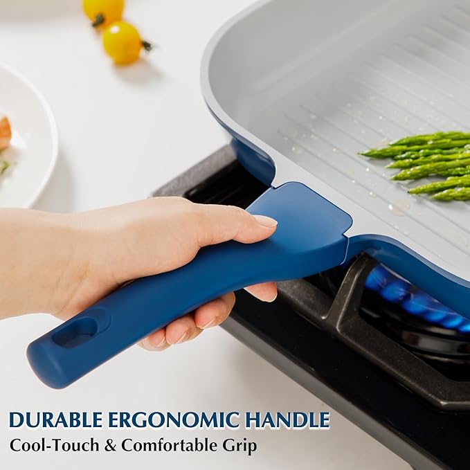 KOCH SYSTEME CS 11 Inch Nonstick Grill Pan for Stove Tops, Square Griddle Pan with Pour Spouts, Grill Pan for Indoor Cooking, Grill Skillet with Bakelite Handle, PTFE & PFOA Free, Blue