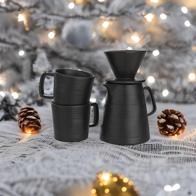 Francois et Mimi Pour Over Drip Coffee Maker Gift Set with Two Coffee Mugs, Non-Electric Pour Over Coffee Dripper, Easy Manual Brew Maker, Dishwasher and Microwave Safe, Filters not included (Black)
