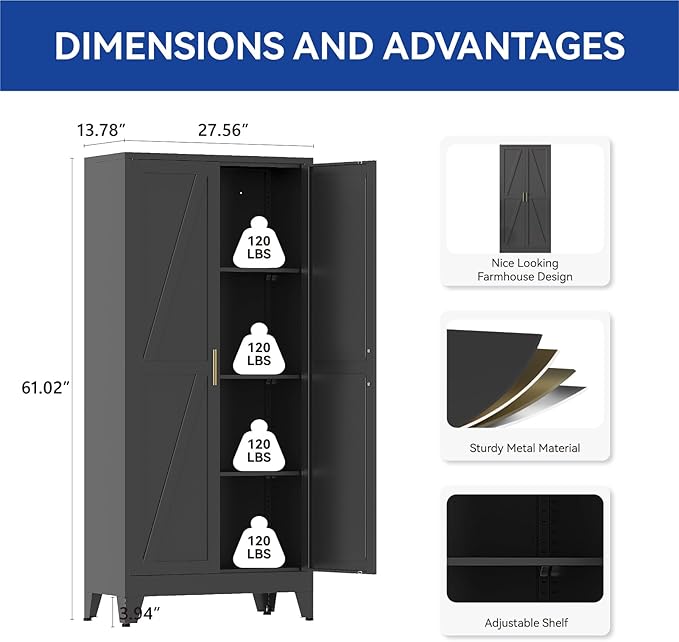 COFaR Black Metal Cabinet, 61 in Tall Metal Storage Cabinet with 3 Adjustable Shelves and Barn Doors, Farmhouse Cupboard Storage for Garage Kitchen Pantry Office, 4-Tier
