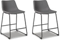 Signature Design by Ashley Centiar Modern Faux Leather 23.75" Counter Height Bucket Seat Barstool, Tubular Metal Base, Footrest for Comfort, Set of 2, Gray