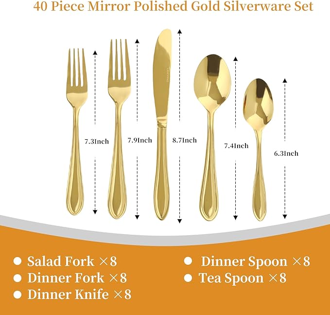 Gold Silverware Set, 40 Piece Flatware Cutlery Set for 8,18/0 Stainless Steel Utensils,Mirror Polished Modern Tableware for Home & Kitchen Dining Wedding, Party