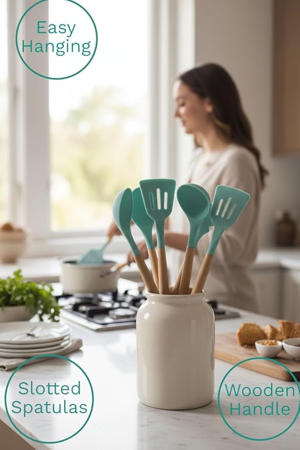 Silicone Cooking Spoons, 6-Piece Nonstick Utensil Set with Acacia Wood Handles - Heat-Resistant for Frying, Serving & Turning Spatula