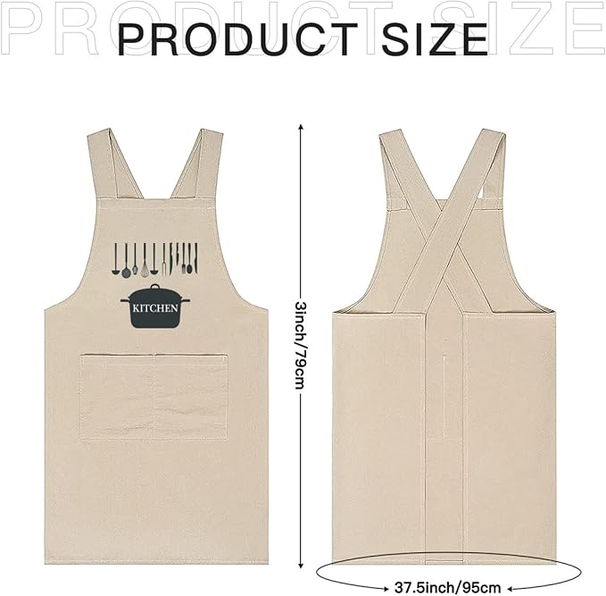 Cotton Linen Apron Non-tie Cross Back Kitchen Apron with Pockets Soft Comfortable Durable for Cooking Baking Gardening (Khaki,Ktichen)