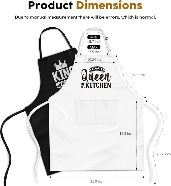 King & Queen Apron Set - Wedding Engagement Gifts for Couples, Funny Kitchen Gifts for Couples, Husband, Wife, Boyfriend, Girlfriend, Him Her, Bridal Shower Gifts, Unique Valentine's Day gifts ideas
