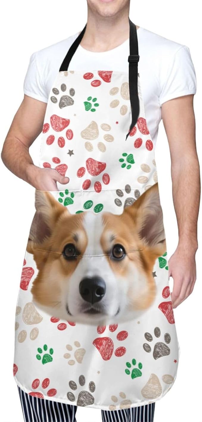 Custom Dog Face Apron for Men Women, Personalized Photo Bib Apron with Pockets, Customized Chef Aprons