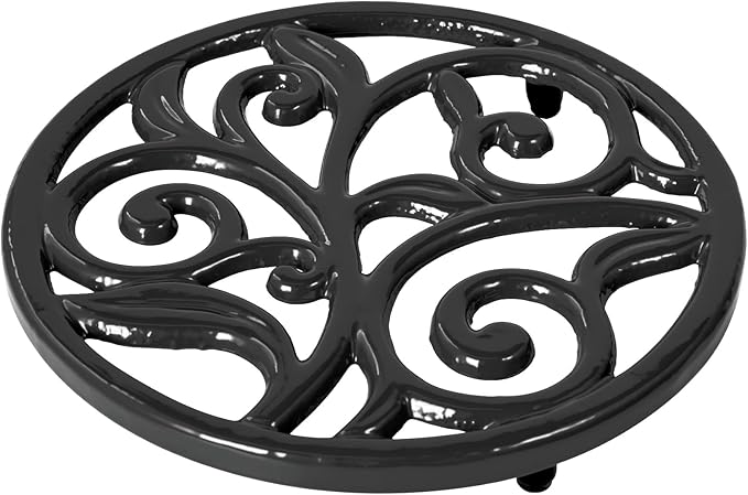 JOGREFUL Cast Iron Trivet Mats, Kitchen Pot Holders to Portect Table/Countertops, Heat Resistant Mats for Teapot/Hot Dishers/Plates, Vintage Mats with Weighted-Base, Vine Pattern, Black