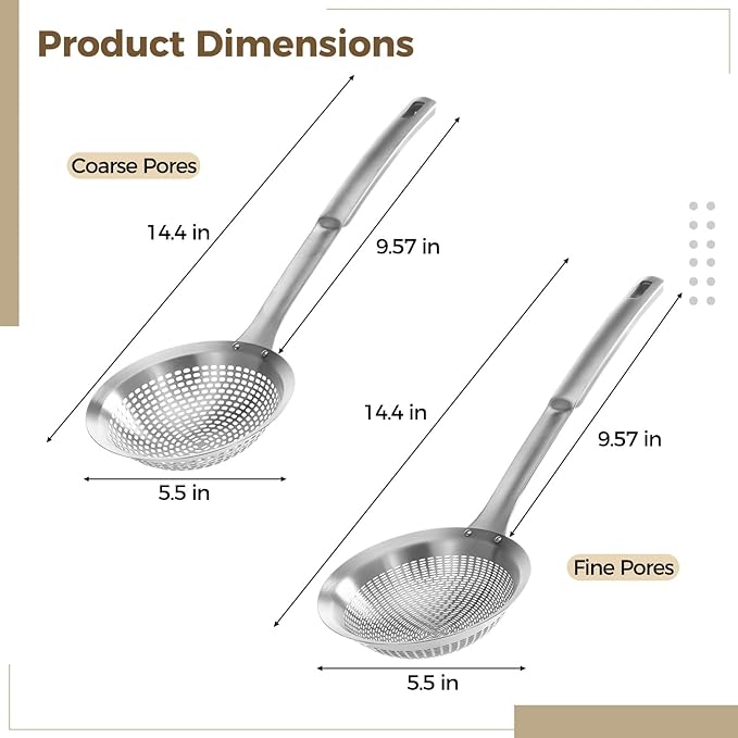 2 Pcs 304 Stainless Steel Skimmer Spoon Set, 5.51 in Large Small Hole Ladle, Long Nylon Handle Strainer Colander for Frying, Hot Pot, Noodle, 14.37 x 5.51 x 1.54 in