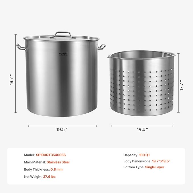 VEVOR Stainless Steel Stockpot, 100 Quart Large Cooking Pots, Cookware Sauce Pot with Basket, Lid, and Handle, Heavy Duty Commercial Grade Stock Pot, Sanding Treatment, for Large Groups Events Silver