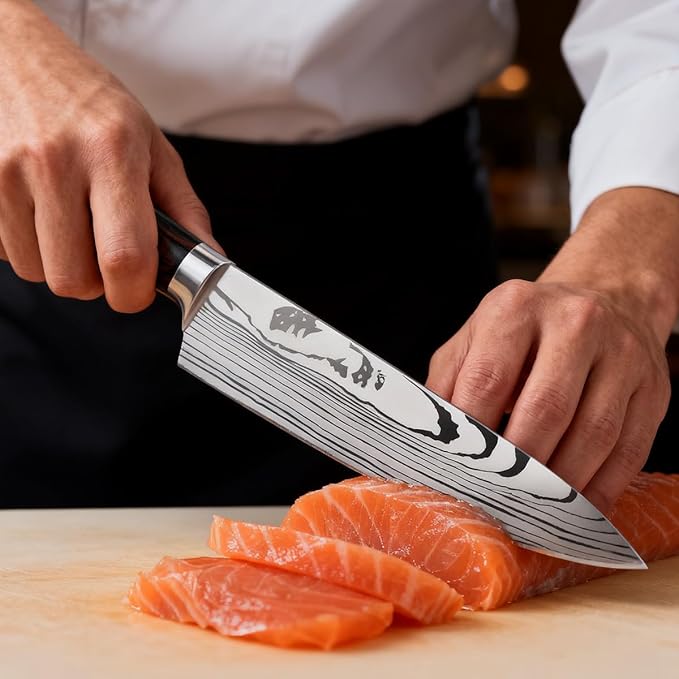 10-Piece Premium Japanese Kitchen Knife Set - Imperial Collection, Laser Damascus Pattern, 440A Stainless Steel Ultra Sharp for Fast Cutting (Redwood 10J)